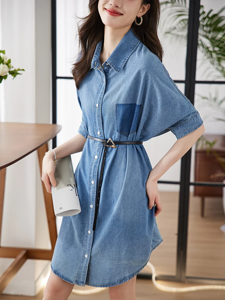 

Новинка, повседневное весенне-летнее однотонное тонкое Короткое женское платье FMFSSOM, ТРАПЕЦИЕВИДНОЕ однобортное женское платье с отложным воротником