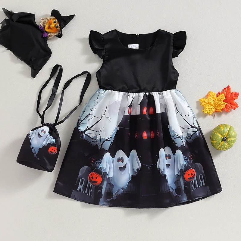 

3-11Y Kid Girl Halloween Costume Stylish Cartoon Ghost Pattern Flying Sleeve Round Neck A-Line Dress + Handbag