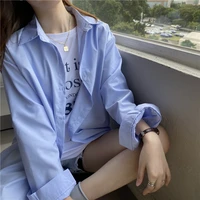 spring 2022 loose straight women casual shirts long sleeve blue solid ladies tops office work wear oversized clothes