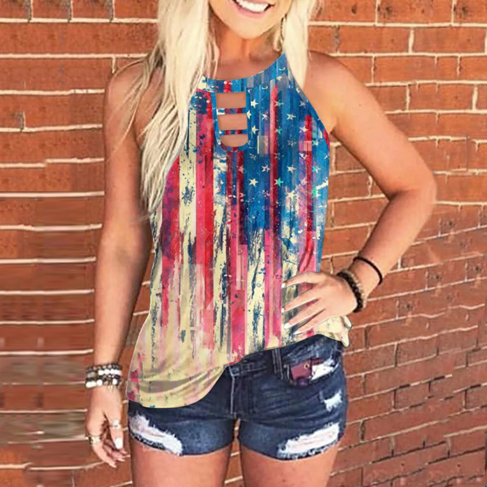 

Women's American Flag Print Tanks Summer Casual Vest 4th of July Patriotic Decorations Fashion Hollow Out Tops Sleeveless Shirt