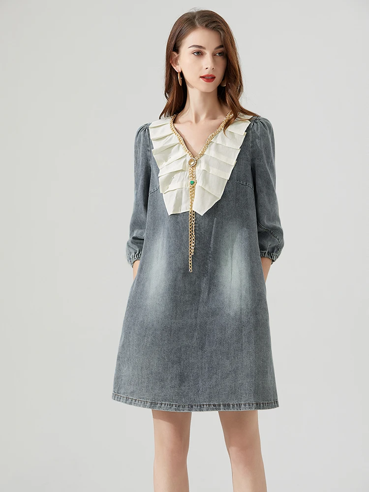

Svoryxiu 2022 Summer Fashion Designer Women's Casual Mini Dress V-Neck Flounced edge Sequined Metal Chain Loose Party Dress