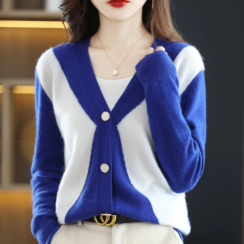 

100% Wool Cashmere Cardigan Sweater 2022 New Colorblock Ladies Long Sleeve V-Neck Sweater Loose Large Size Jacket Top spring