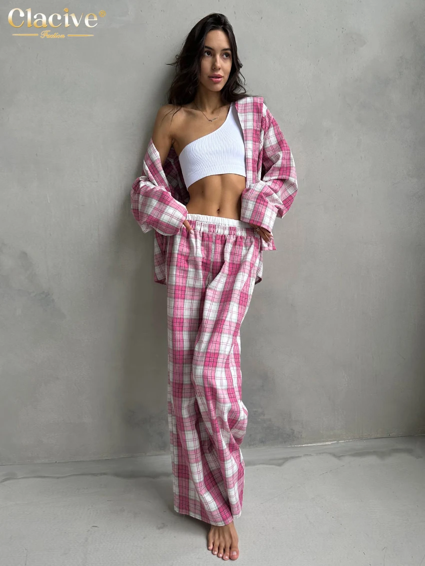 

Clacive Fashion Loose Plaid Cotton 2 Piece Sets Women Outfit Elegant Long Sleeve Shirt Matching Mid Waist Wide Pants Set New In