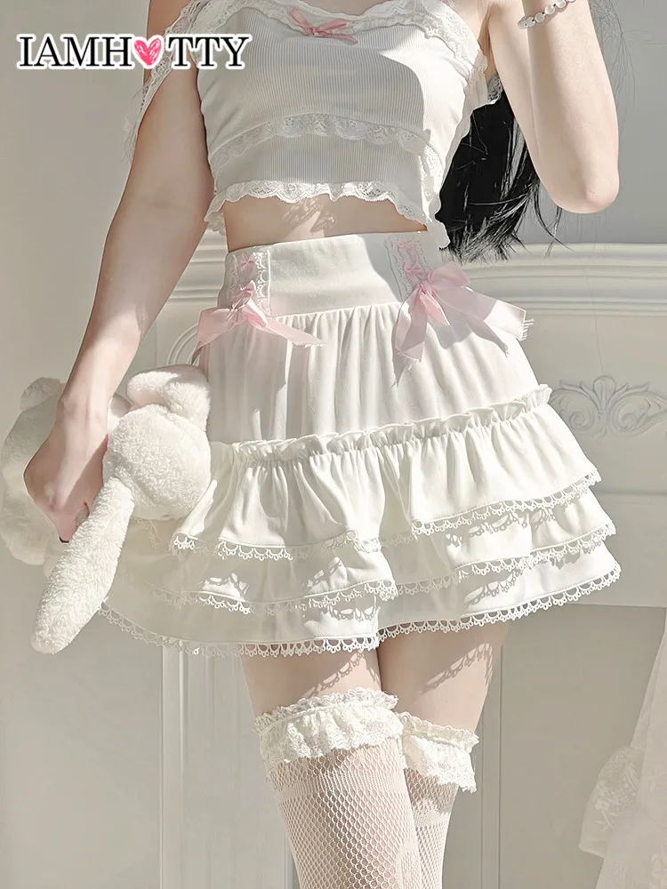 IAMHOTTY-minifalda blanca con volantes en cascada, falda Kawaii con lazo, estilo japonés, Lolita, Fairycore