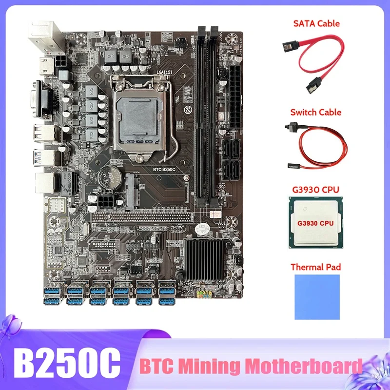 B250C BTC Mining Motherboard+G3930 CPU+SATA Cable+Switch Cable+Thermal Pad 12X PCIE To USB3.0 GPU Slot Miner Motherboard