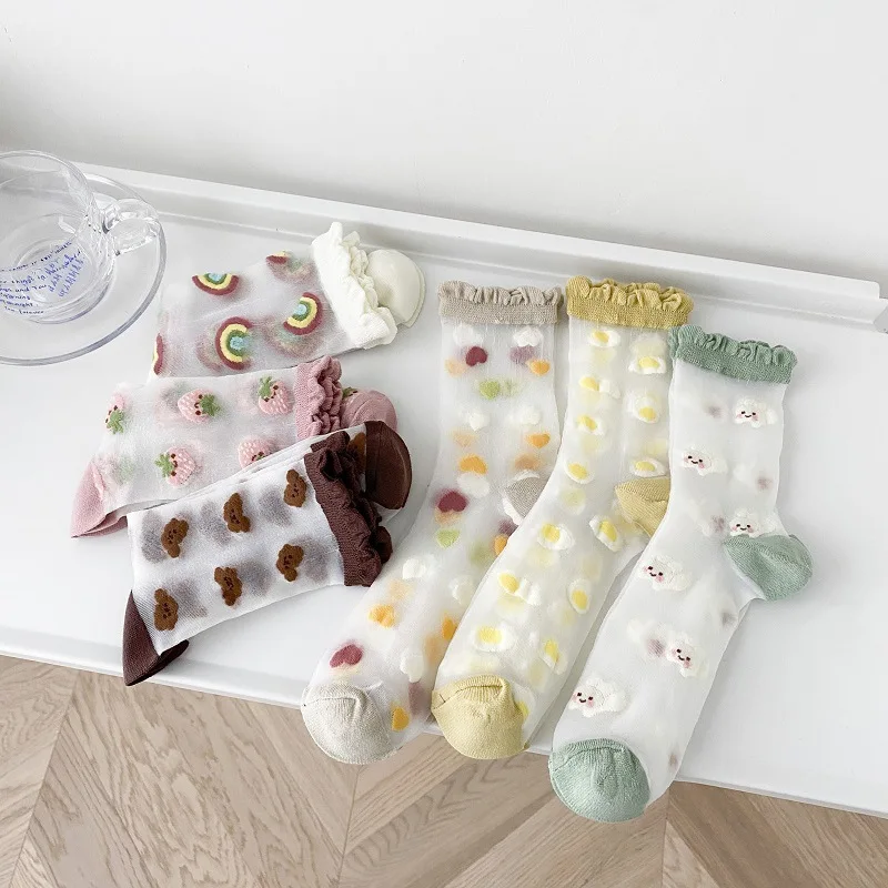 

Bear Woman Clothes Transparent Socks Women's Tide Crystal Glass Fiber Kawaii Thin Harajuku Medium Stockings Mesh Love Underwear