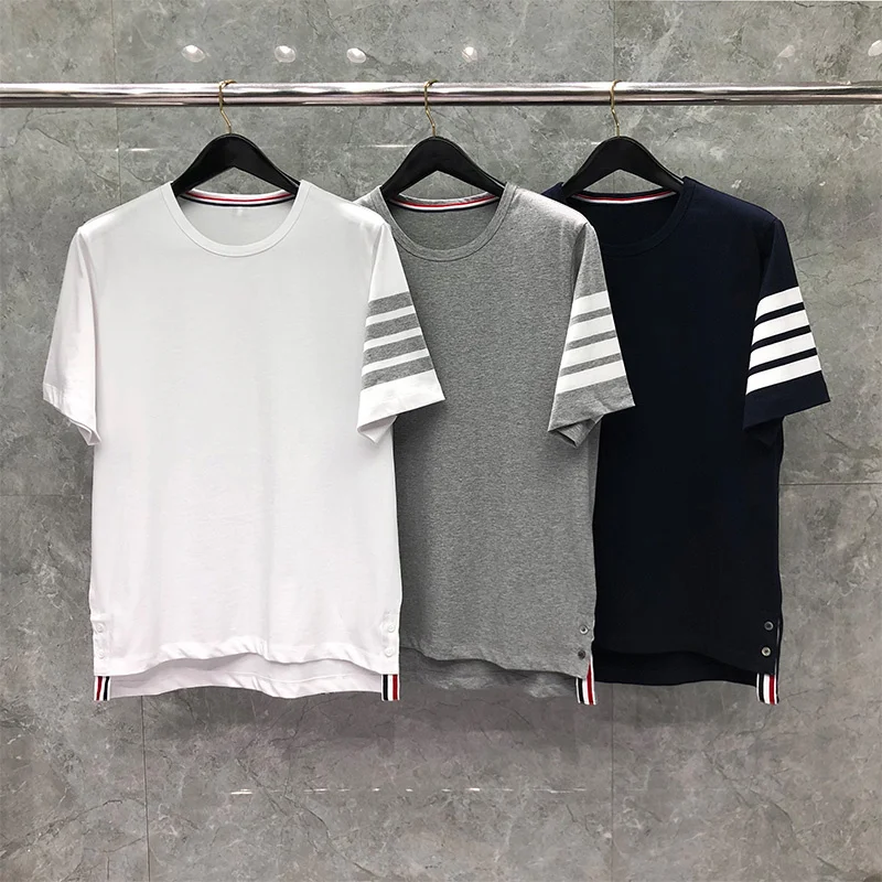 TB THOM Top Women 2022 Summer Luxury Brand T-shirts Pure Cotton White 4-Bar Stripes Harajuku Korean Desigan Solid Blouses