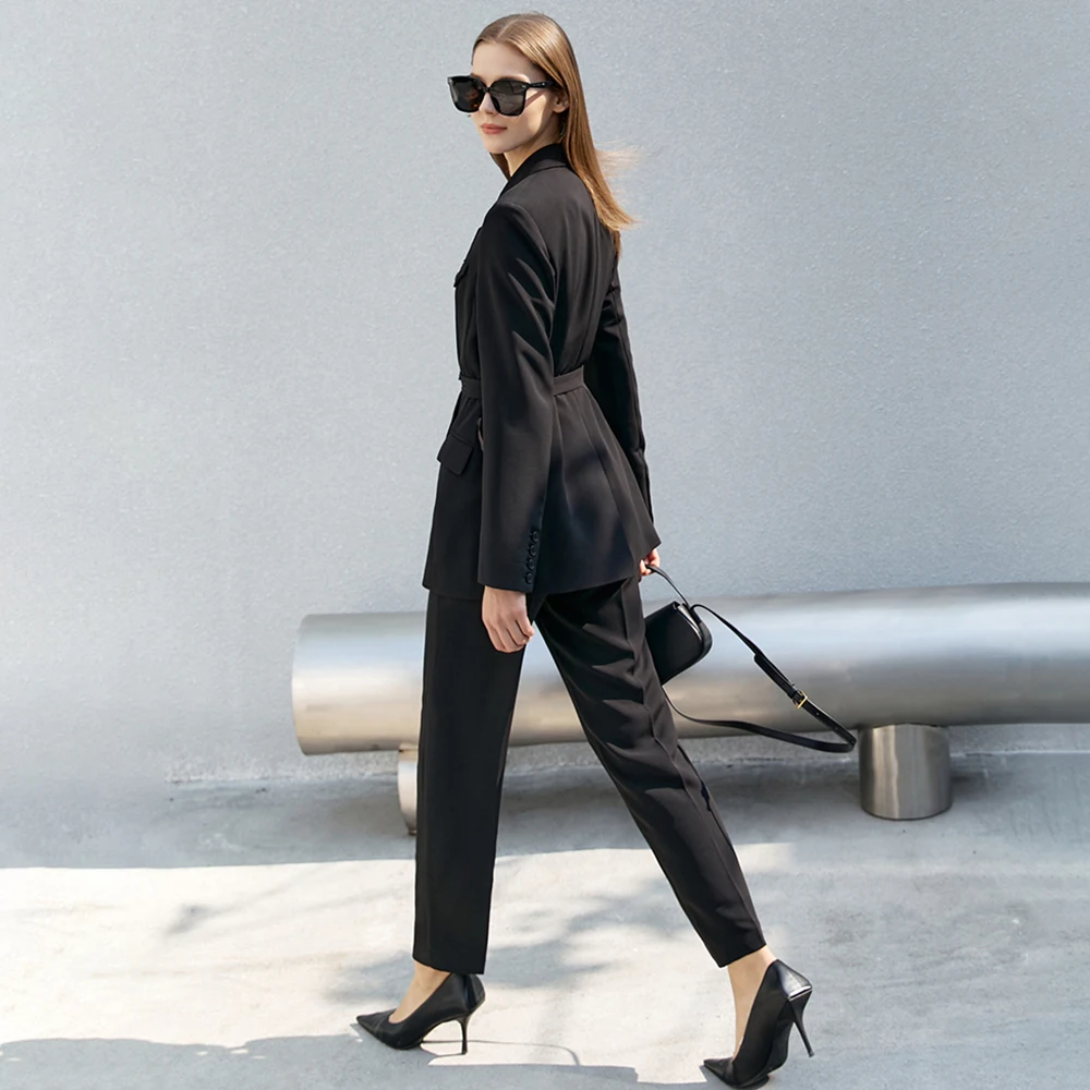 2023 New Minimalism Spring Blazer Women Suit Jacket Casual High Waist Loose Nine-Pants Office Lady Blazers with Belt Design