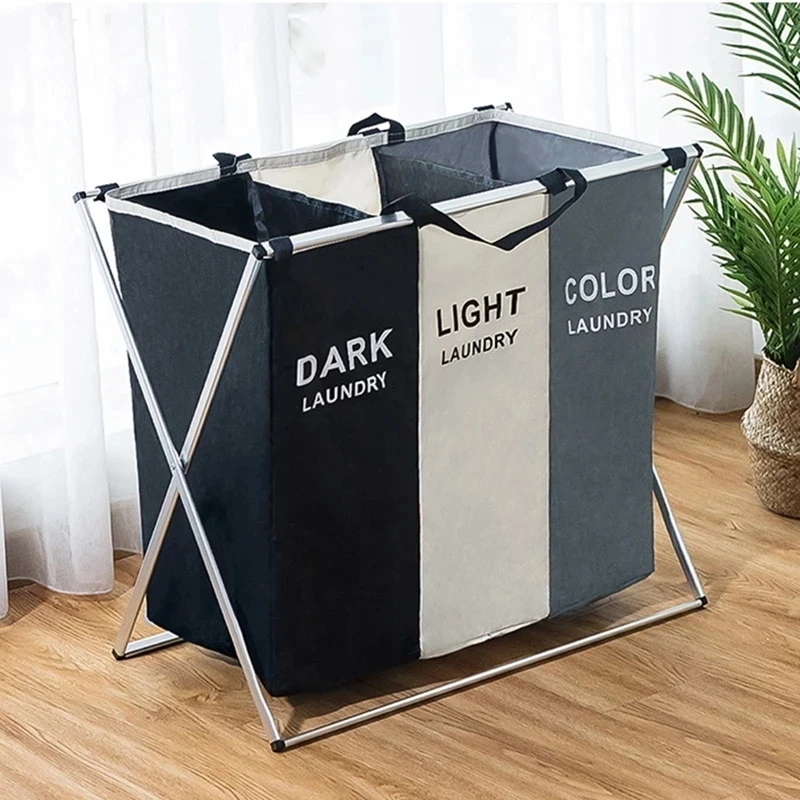 

X-Shape Foldable Dirty Laundry Basket Organizer Printed Collapsible Three Grid Home Laundry Hamper Sorter Laundry Basket Large