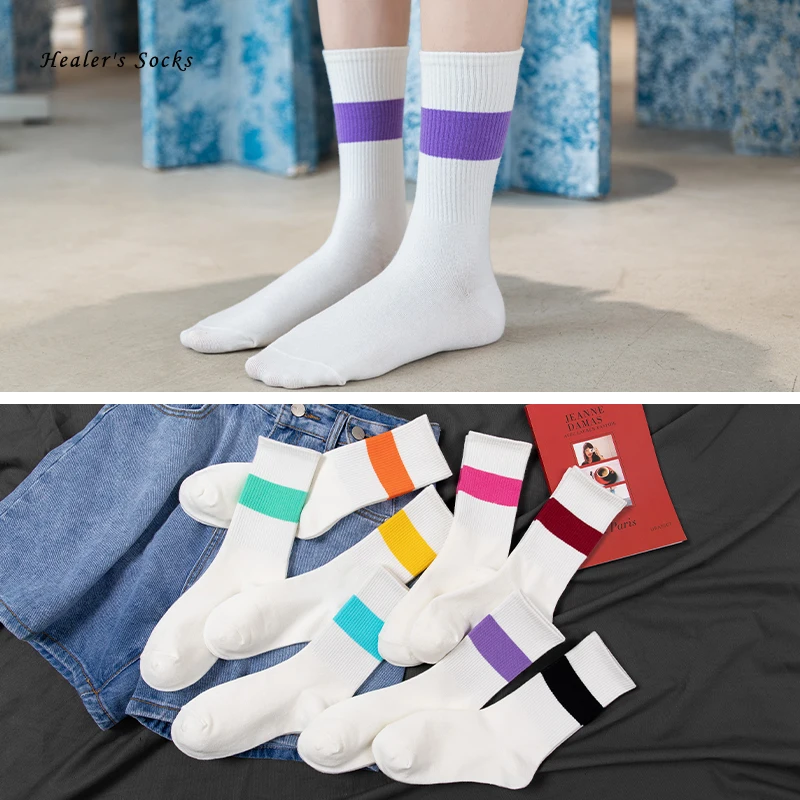 

Новые простые полосатые счастливые женские носки хлопковые Смешные однотонные повседневные Мягкие японские модные кавайные носки для дев...