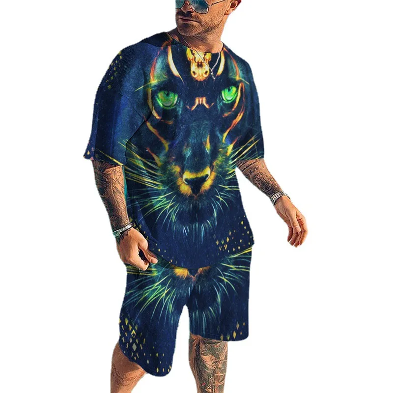 Summer Men's Short Sleeve Shorts Suit Men's Loose Casual Short-Sleeved Suit 3D Digital Lion Figure Printed T-shirt Suit