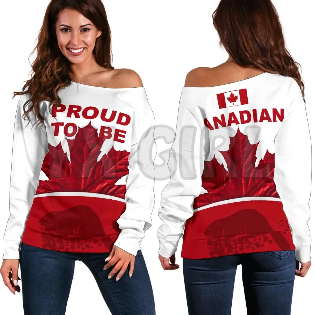 YX GIRL Canada Day Women's Off Shoulder Sweater Proud To Be Canadian3D Printed Novelty Women Casual Long Sleeve Sweater Pullover