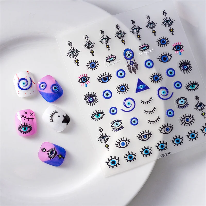 

1pcs 5D Embossed Nail Art Stickers 3D Blue Evil Eyes Sliders Decoration Back Adhesive Decals Stickers For Nails Design Accessory