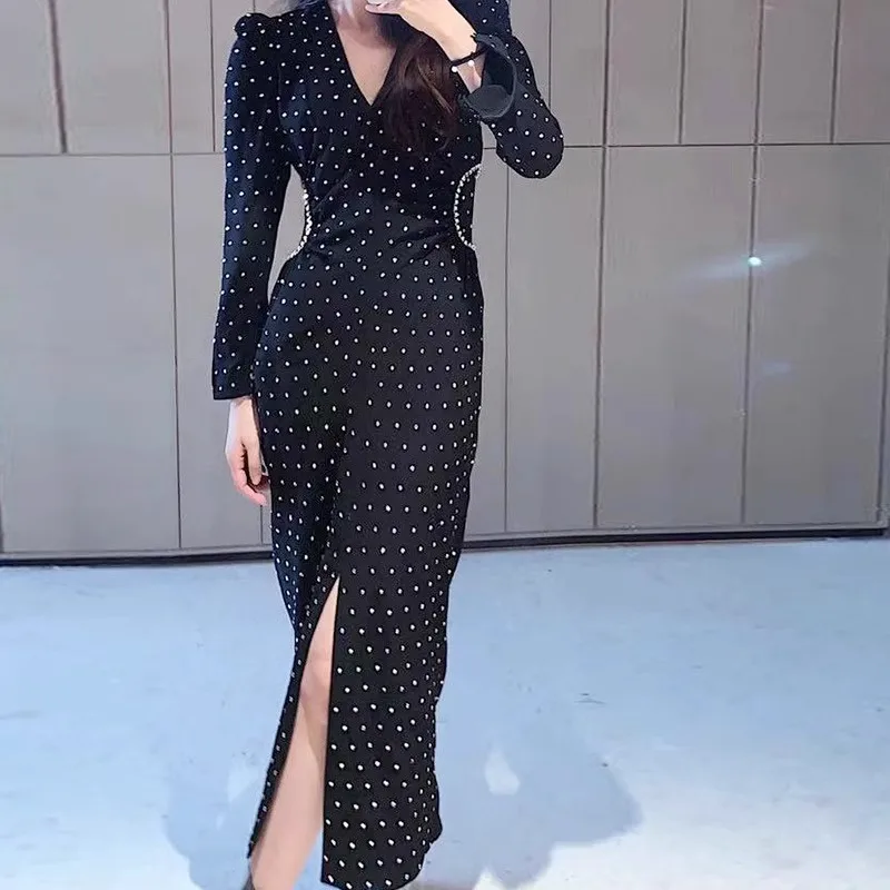 

New Fashion 2023 Autum Full Sky Star Hot Drilling Diamonds Black Long Dress Women's Puff Sleeves V-neck Long-Sleeved Dresses