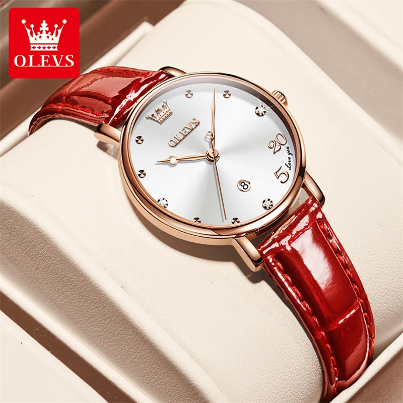 OLEVS 2023 New Luxury Bracelet Necklace Suit Quartz Watch for Women Fashion Leather Strap Waterproof Calendar Womens Watches