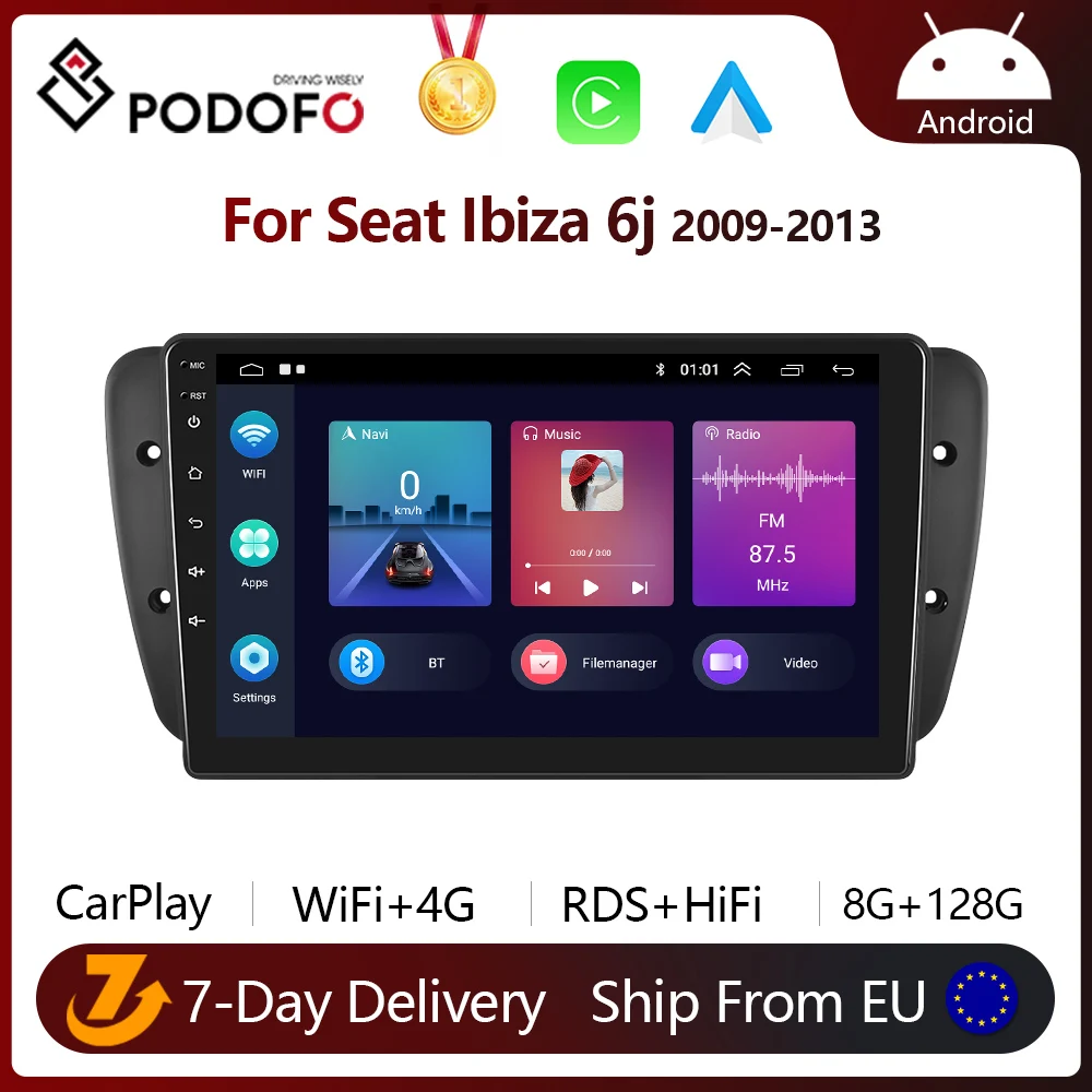 Автомагнитола Podofo CarPlay 2DIN Android для SEAT Ibiza 6j 2009-2013 мультимедийный плеер HiFi стерео