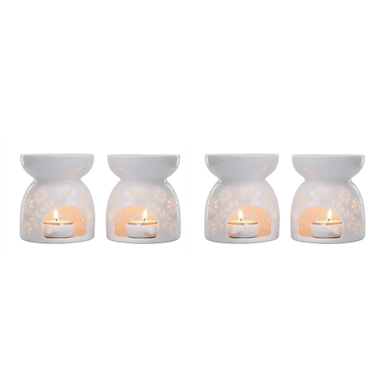 Oil Burner, Essential Oil Incense Aroma Diffuser Furnace White Set Of 4 - Floral Pattern