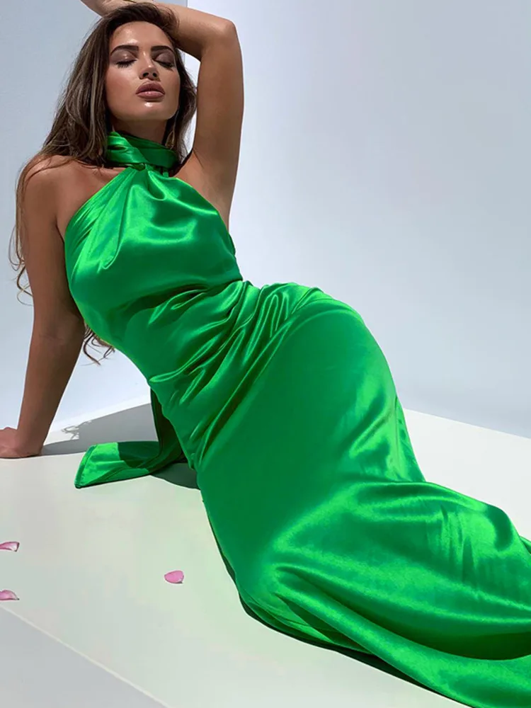 

Kritt Elegant Satin Backless Maxi Dress Women Gown Summer Halter Sleeveless Backless Bodycon Long Club Party Dress Vestido