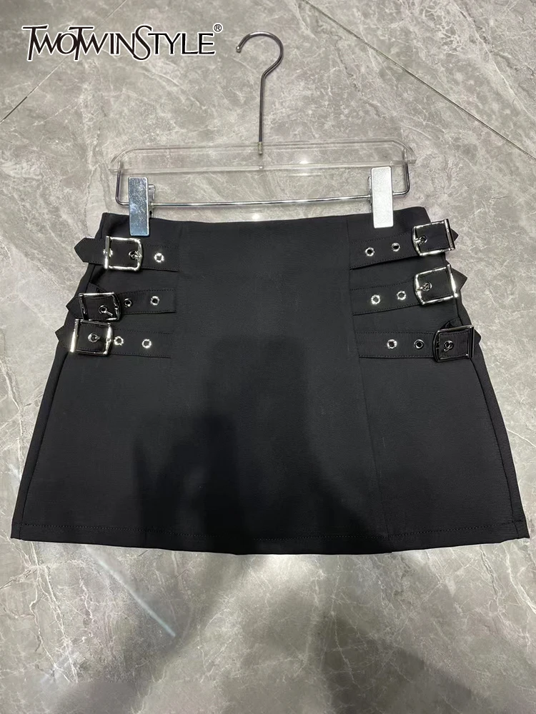 

TWOTWINSTYLE Mini Minimalist Skirts For Women High Waist Patchwork Belt Summer Elegant Skirt Female Fashion Clothing 2023 New