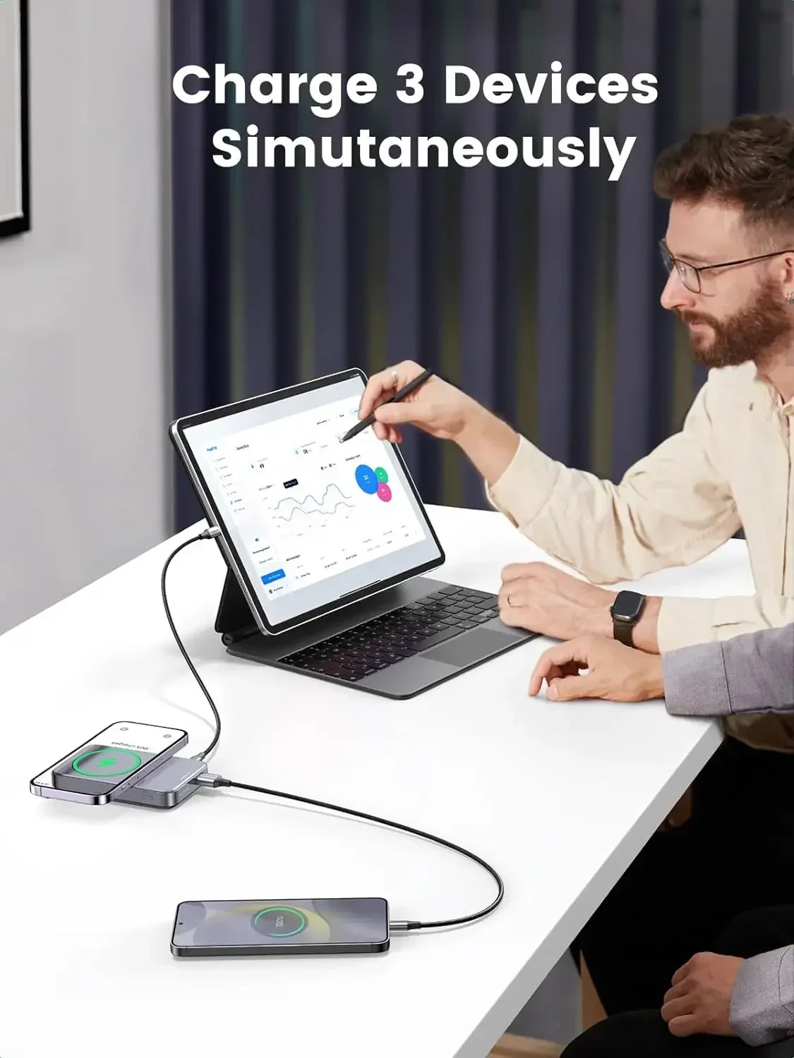 UGREEN 10000 мАч Магнитный аккумулятор Power Bank 3 порта Складное беспроводное