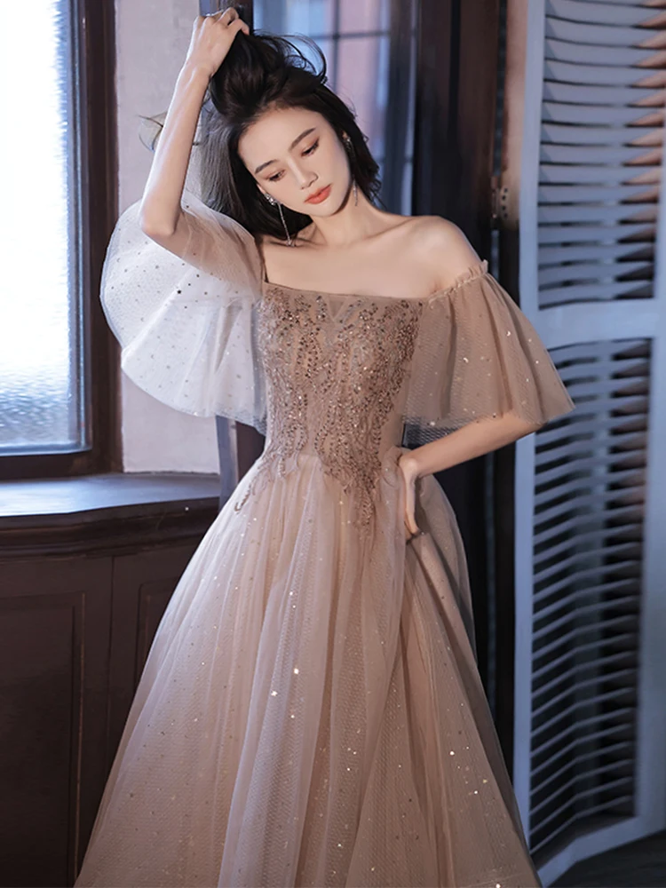 

New Arrival Boat Neck Evening Dresses Women Sexy Off Shoulder Banquet Dress Elegant Applique Mid-Long A-Line Sequin Party Gowns