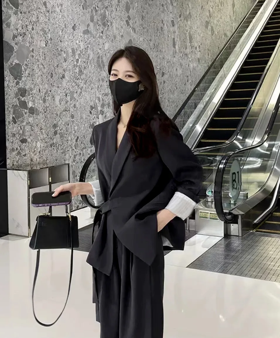 2023 Spring Women Blazers and Wide Leg Pants Set Solid Brand New Autumn Lace Up Loose Lightweight Elegant Suit 2 Piece