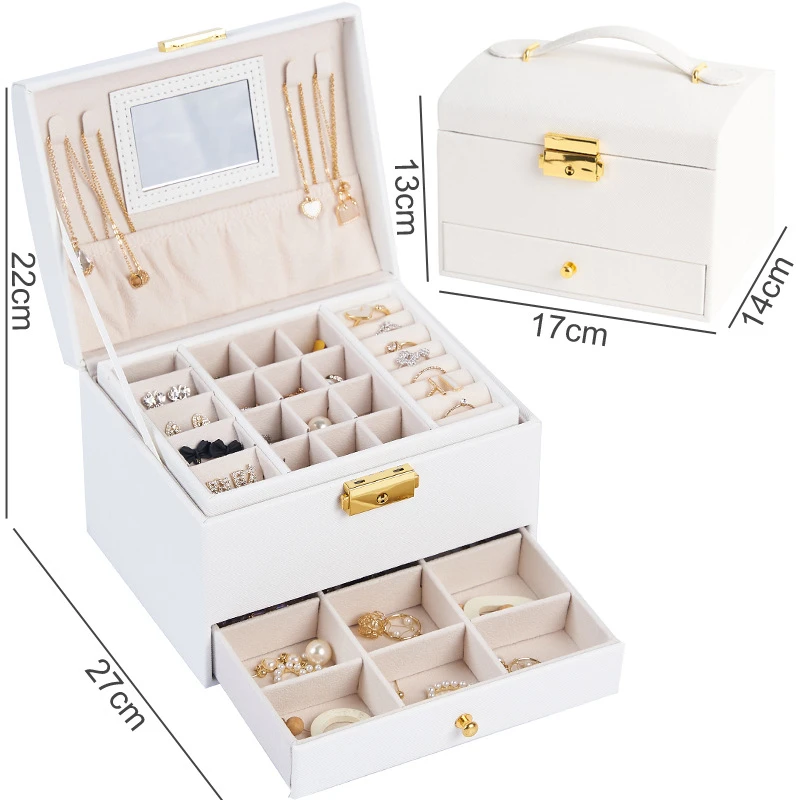 Ailodo PU Leather Jewelry Organizer With Mirror Multilayer Necklaces Earrings Rings Bracelets Jewelry Box For Women Girls Gift