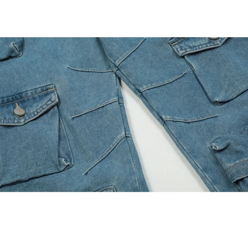 Streetwear Men 2022 New Pattern Blue Fashion Hip Hop Multiple Pockets Broad Leg  Cargo Pants Temperament Versatile Jeans Autumn