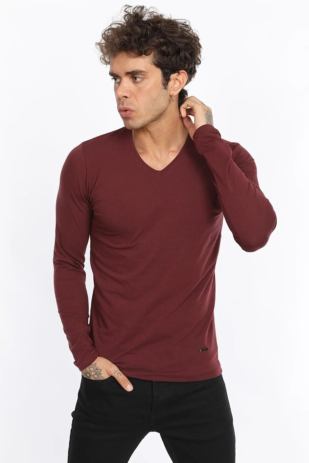 

Purple Slim Fit Lycra V-neck Basic Long Sleeve Tshirt Sweatshirts for Men 35129256