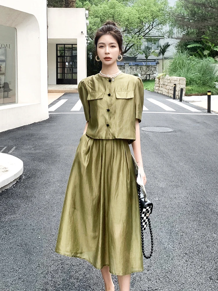 

Shirt and Skirt Two Piece Set 2022 Summer Women Elegant Chic Korean Style Short Tops High Waist A-line Long Skirts Outfits 2060