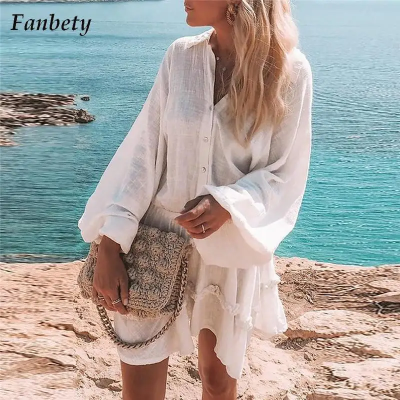 

Women Elegant Solid Color Party Dress Summer Fashion V-Neck Button Dress Ladies 2023 New Casual Long Sleeve Ruffle Dress Vestido