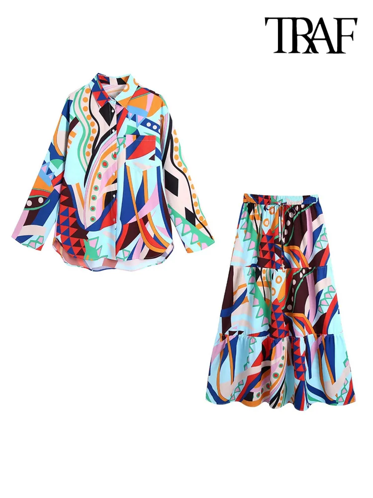 

TRAF Women Fashion Printed Loose Shirts And High Elastic Waist With Drawstring Long Skirt Female Two Piece Sets Mujer