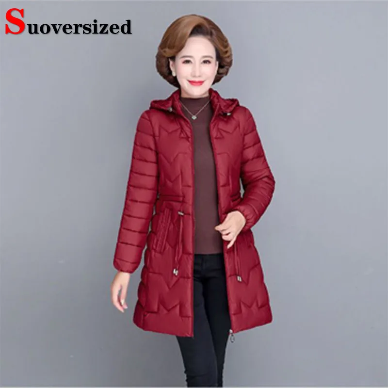 

Slim Women Winter Cotton Padded Jackets Hooded Casual Long Mom Thicken Outwear Snow Wear Windproof Warm Drawstring New Parkas