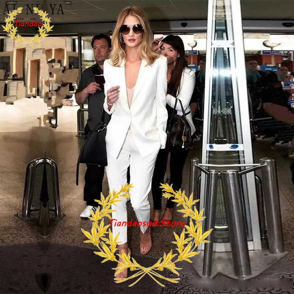 2022 Fashion Women's Suit 2 Piece White Formal Jacket Pants Business Workwear Office Lady Blazer Trousers Slim Fit Outfit