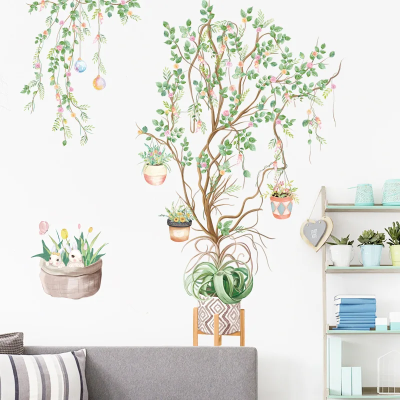 

Flower Tree Plant Wall Stickers Vine Potted Rabbit Wall Posters Decals for Wall Decorations Vinyl Self-Adhesive Wallpapers