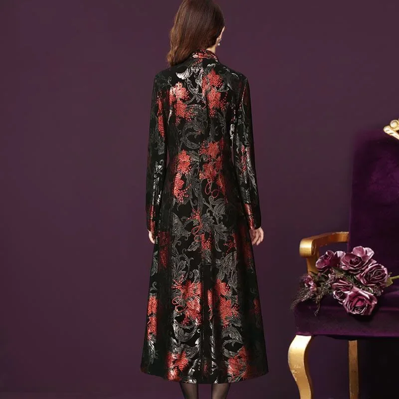 Женский винтажный Тренч с цветочным принтом красный золотой блестящий длинный 4xl