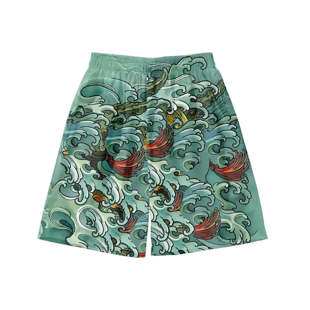 

Summer Mens Fashion Beach Wear Waves Print Shorts Casual Loose Hip Hop Shorts Streetwear Sweatpants