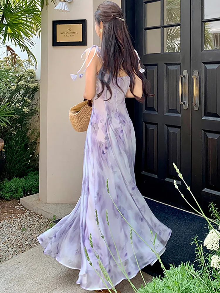 Женское шифоновое платье-макси на бретельках фиолетовое повседневное