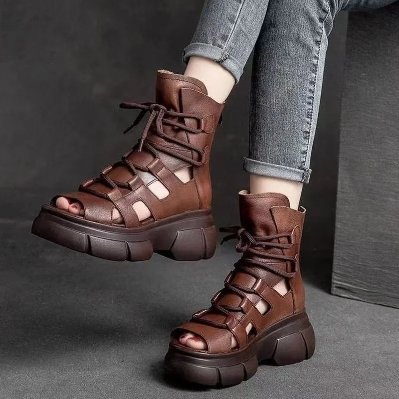 

Retro Leather Open Toe Sandals Women 2022 New Summer Platform Increasing Hollow Back Zipper High Top Casual Sandals