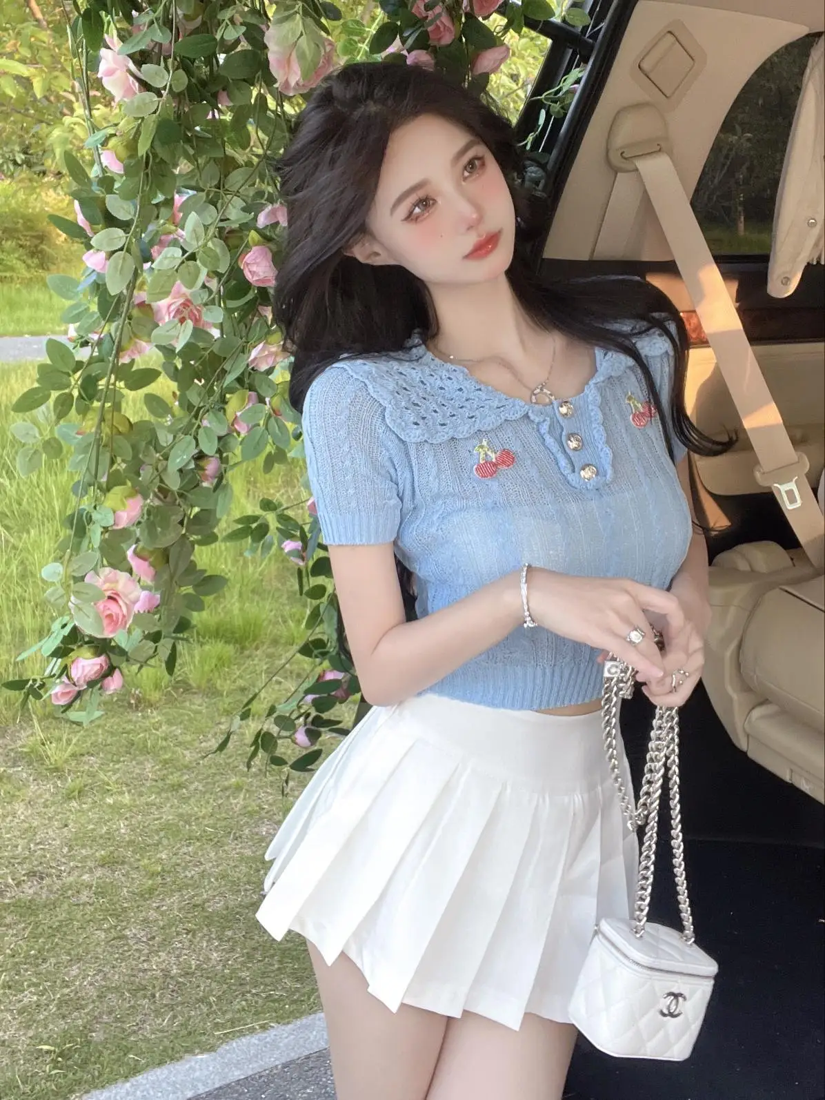 

Make firm offers ~ doll led cherry design feeling thin section ice silk knitted T-shirt with short sleeves in summer