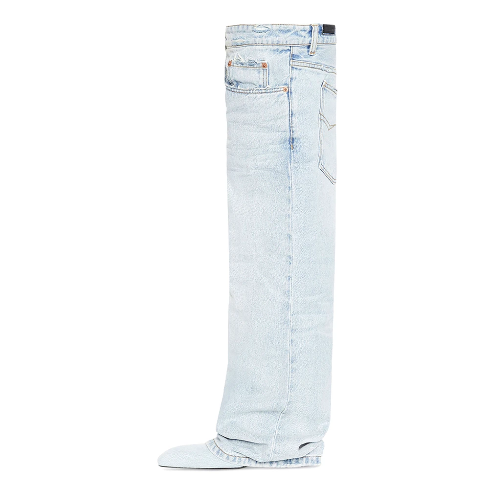 New Women Blue Washed Jeans Retro Style Knee High Boots Square-Toe Fashion Spice Girl Loose Straight Casual Pants High Shoes