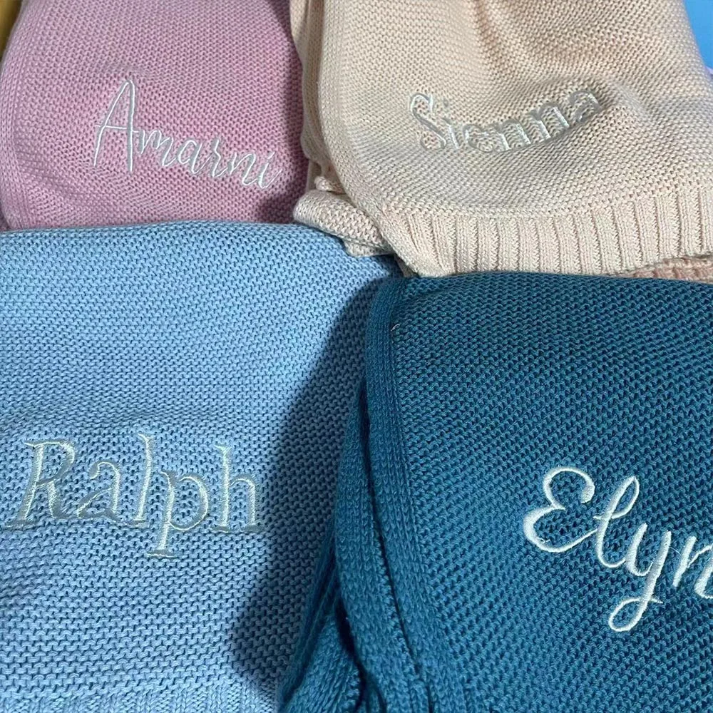Cotton Knitted Blanket Personalized Embroidered Name Baby Boy Baby Girl Soft Blanket Baby Shower Breathable Stroller Blanket