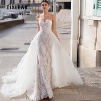 i od elegant mermaid wedding dress for bride 2022 spaghetti strap sweetheart bridal gown lace appliques with detachable train