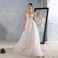 elegant v neck sleeveless lace appliques a line wedding dress for women 2022 sexy illusion back button decoration bridal gown