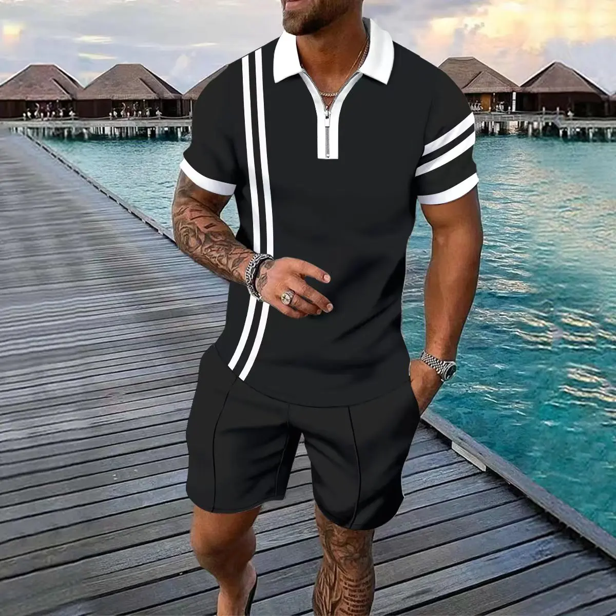 Summer Fashion Men's Clothing POLO Shirt Short Sleeve + Sports Shorts Set Outdoor 2 Piece Suit