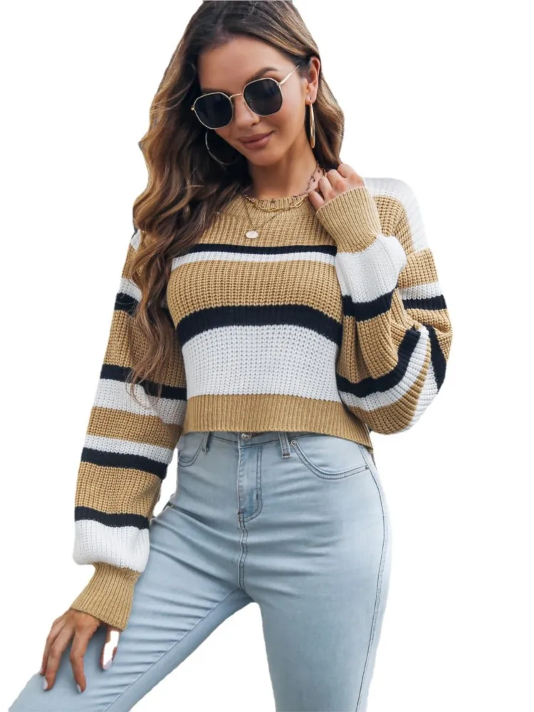 

Short Sweaters Women Tops Pullover O Neck Full Sleeve Jumpers Spring Autumn New Striped Casual Knitted Sweater Femme Pulls 2022