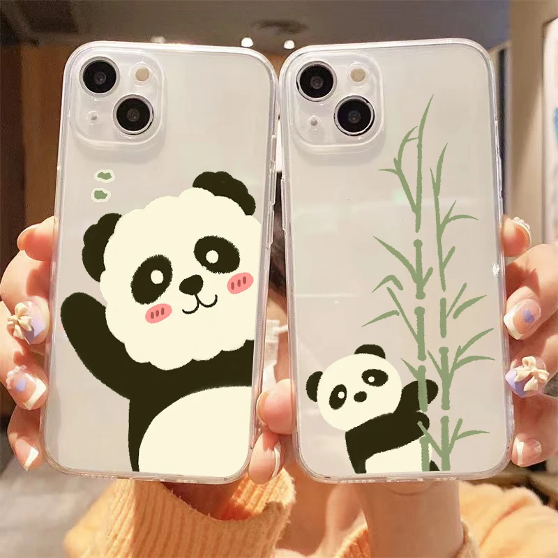 

Cute Cartoon Panda For Apple iPhone 13 12 11 Pro Max Mini X XR XS Max SE 6 6S 7 8 Plus Clear Phone Case Black Back TPU Soft