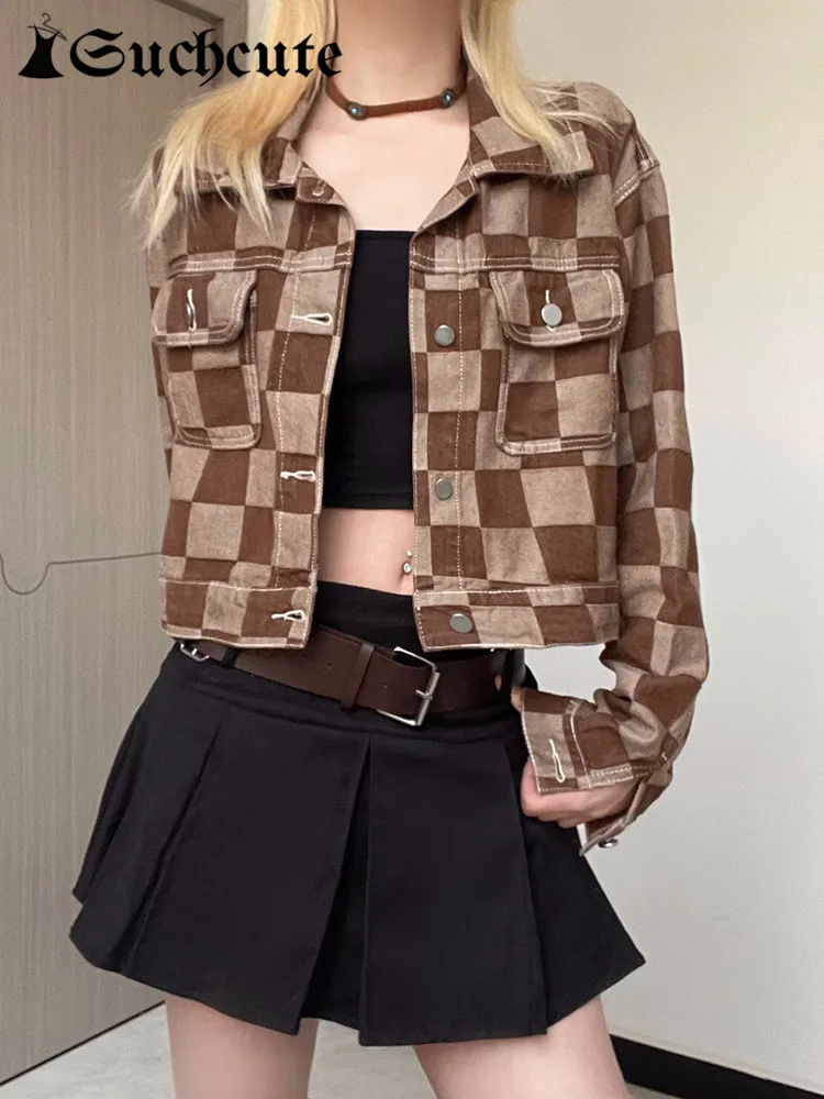 

Сухие корейские модные укороченные джинсовые куртки в клетку с принтом, винтажная однобортная Повседневная Уличная одежда, повседневные пальто