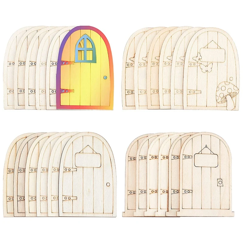 

40 шт. неокрашенные сказочные тематические деревянные Мини-двери, 4 шаблона деревянной сказочной садовой двери, миниатюрное ремесло «сделай ...