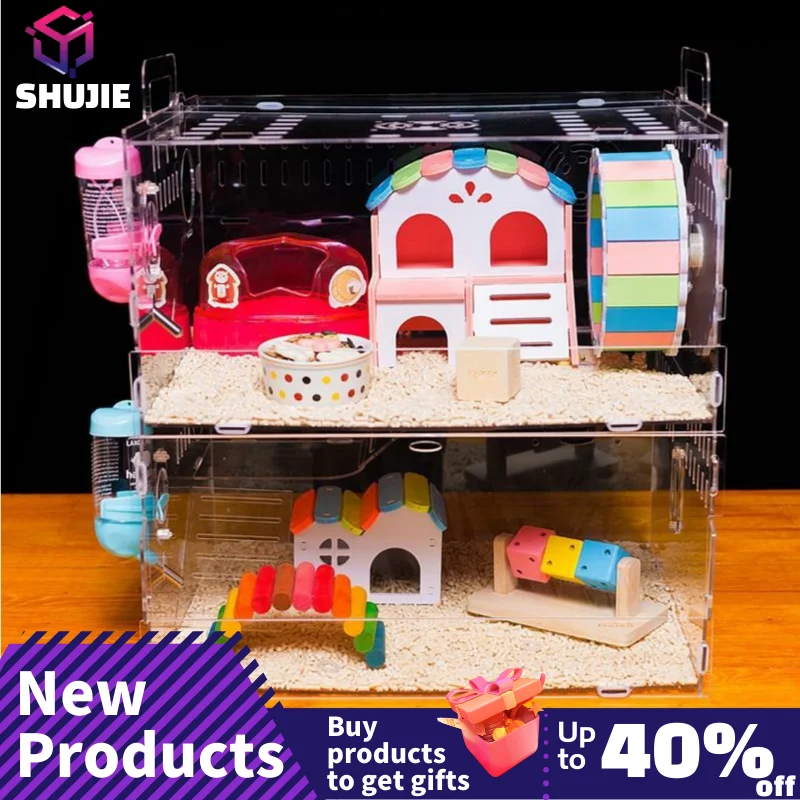 Large Hamster Cage Luxury Acrylic Transparent Hamster Villa Guinea Pig My Neighbor Totoro Hedgehog Small Animal Full Cage Toy